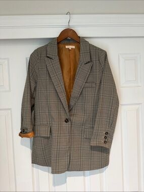 Checked Single-Button Blazer Jacket - Tan/Black Glen Plaid